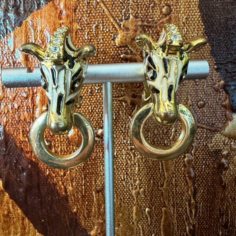 Vintage Zebra Enamel Doorknocker Earrings